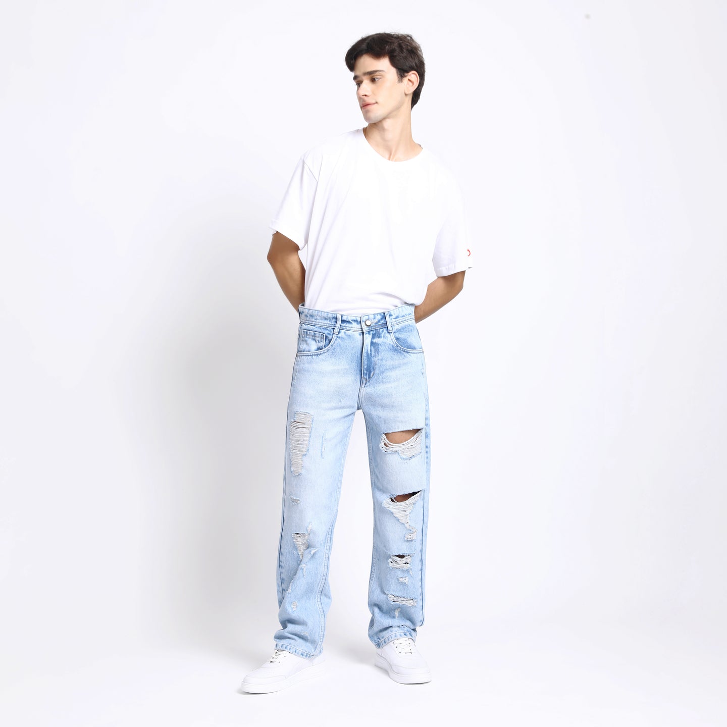 ICE BLUE BAGGY FIT DISTRESSED JEANS TEDDY 4773